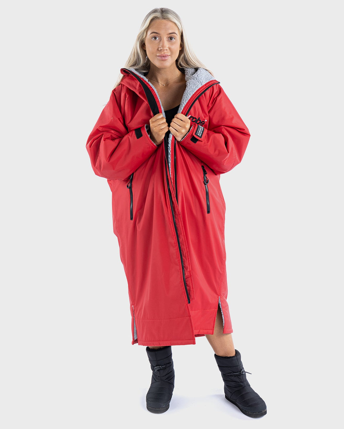 1|Woman wearing Red Grey dryrobe® Advance Long Sleeve