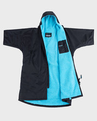 1|Black Blue dryrobe® Advance Short Sleeve laid out, showing the inner lining