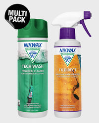 Bottle of NikWax Tech Wash next to bottle of NikWax TX.Direct spray on 