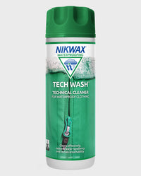 Bottle of NikWax Tech Wash next to bottle of NikWax techwash technical cleaner for waterproof clothing