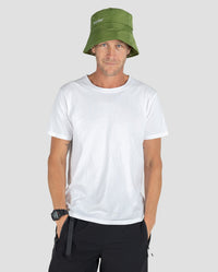 Man with hands in pockets wearing dryrobe Fleece Lined Bucket Hat in Forest Green 