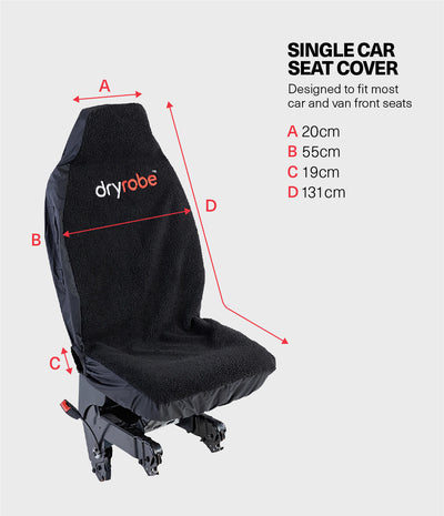 Black car seat cover with dryrobe branding and measurement details on a gray background
