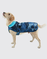 Dog standing side on to the camera, wearing dryrobe Dog in Blue Camo 