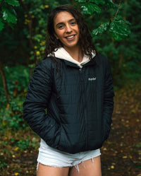 Woman stood in front of trees, wearing dryrobe Mid-layer Jacket in Black 