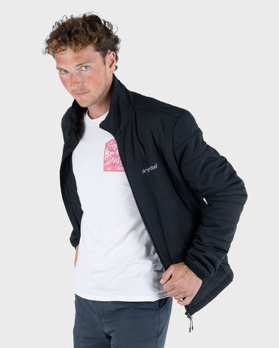 Man wearing dryrobe Mid-Layer Jacket in Black unzipped