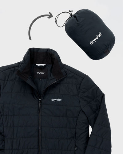 dryrobe Mid-Layer Jacket in Black shown next to stash bag 