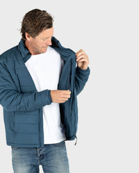 Man wearing dryrobe Mid-layer Jacket in Deep Sea Blue , opening inner pocket