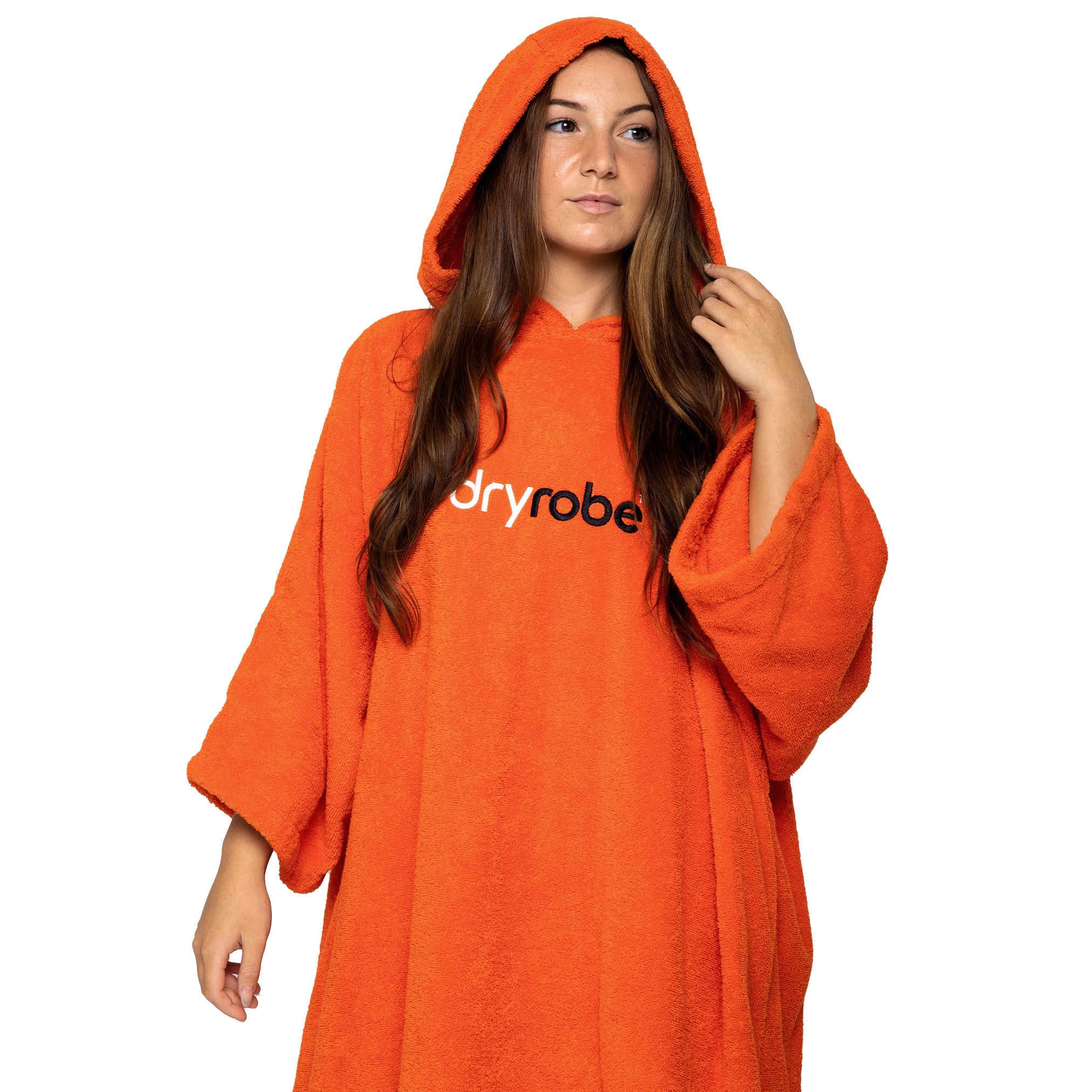 Orange towel dryrobe® changing robe showing hood up