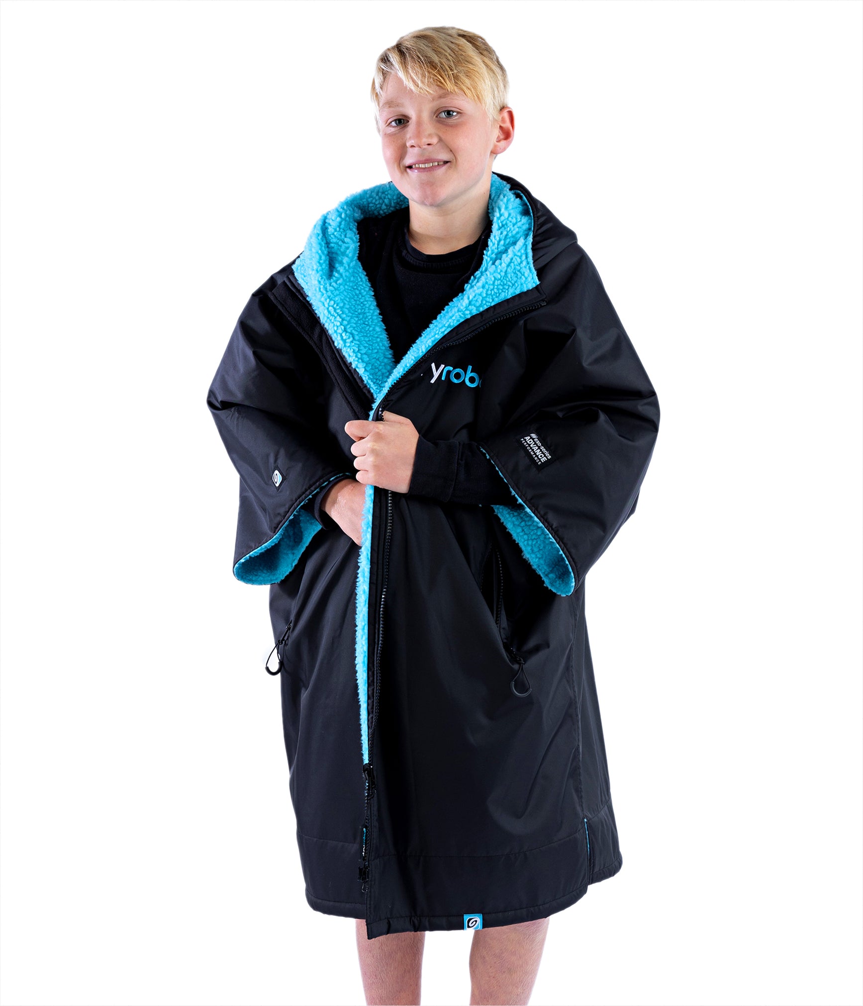 Kids dryrobe® Advance Short Sleeve Black Blue Changing Robe Changing Poncho