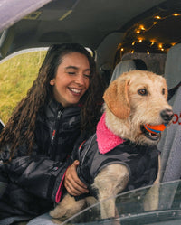 1|Woman sat in van next to a labradoodle, wearing Black Camo Pink dryrobe® Dog