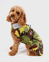 1|Cockapoo sitting facing the side, wearing Camo Grey dryrobe® Dog