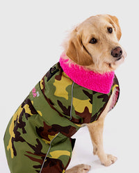1|Labradoodle sitting down, wearing Camo Pink dryrobe® Dog 