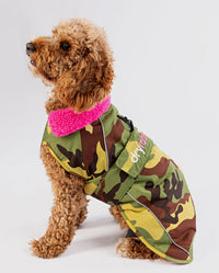 1|Cockapoo sitting, wearing Camo Pink dryrobe® Dog 