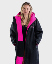 Woman wearing Black Pink dryrobe® Advance Long Sleeve unzipped