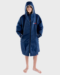 1|Boy wearing Navy Grey dryrobe® Advance Kids Long Sleeve zipped with hood up