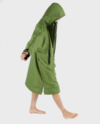 *MALE* wearing Forest Green dryrobe® Advance Long Sleeve with hood up