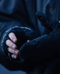 1|Close up of hands wearing dryrobe® Eco Thermal Gloves outside